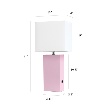 Elegant Designs Modern Leather Table Lamp with USB and White Fabric Shade, Blush Pink LT1053-BPK
